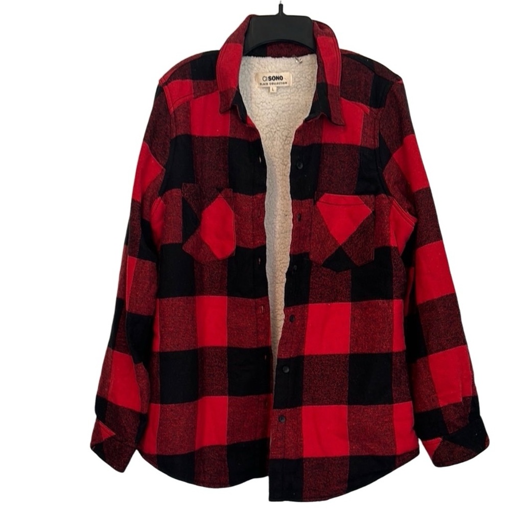 CI Sono Women’s Red and Black Plaid Fleece Lined Shirt Jacket - size Large